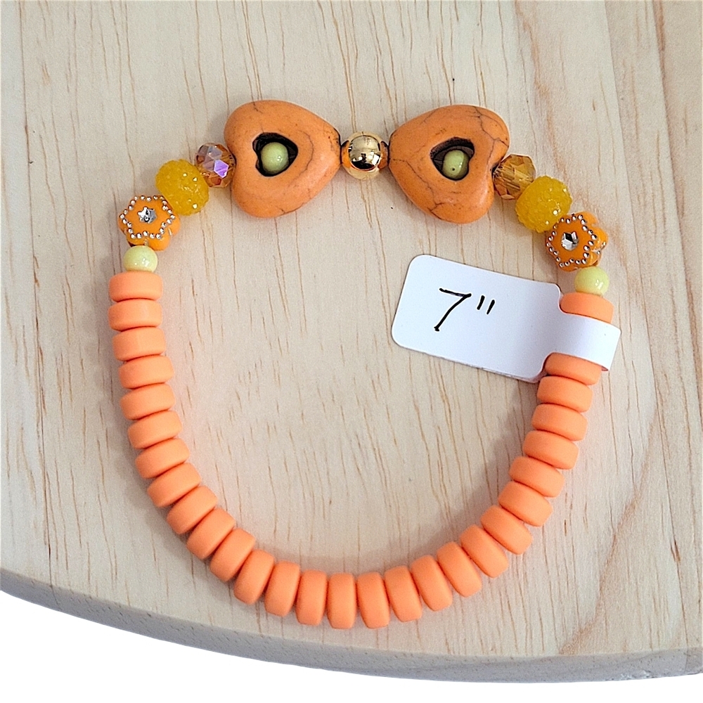 Hand Crafted Orange Beaded Bracelet Heart Accent Clay Bead Stretch Size 7"